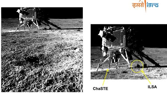 Dieses von der Indischen Weltraumforschungsorganisation (ISRO) zur Verfügung gestellte Bild zeigt den Lander aus Perspektive des Rovers.