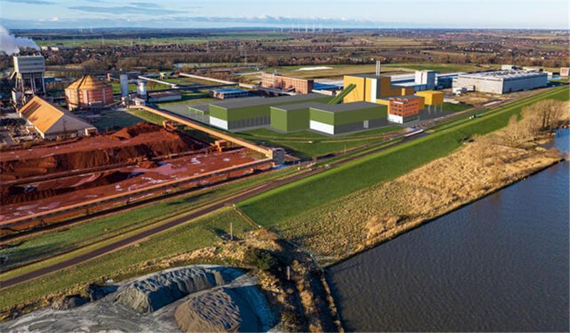 Nach heftigem Streit: Stade sagt Ja zum Holzkraftwerk Direkt neben den Anlagen der AOS mit ihrer roten Erde soll das Holzkraftwerk an der Elbe entstehen. Die Visualisierung zeigt die geplanten Gebäude.
