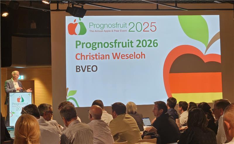 Apfelernte 2025: Was die Obst-Experten positiv stimmt - und was nicht Dr. Christian Weseloh von der Bundesvereinigung der Erzeugerorganisationen Obst und Gemüse spricht bei der Prognosfruit 2025 in Angers.