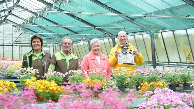 „Reisen mit Muddi“: Neue NDR-Serie spielt an der Nordseeküste Dreharbeiten im Blumenmeer: Möglich wird das dank Elke und Wolfgang Miles (von links), Inhaber der gleichnamigen Gärtnerei in Dorum. Sehr zur Freude der Dorumer Ortsbürgermeisterin Hanna Bohne und Produzent Valentin Holch.