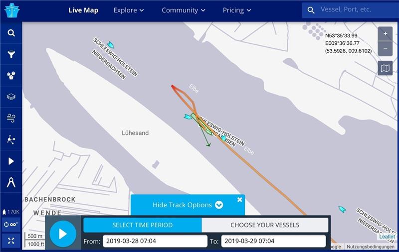 "Navios Unison": Havarie auf der Elbe vor Grünendeich Drehmanöver: Screenshot von der Seite MarineTraffic.com.