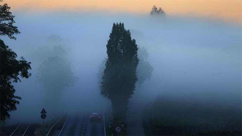 Durch den Morgennebel: Ein Auto fährt kurz vor Sonnenaufgang eine Straße entlang.
