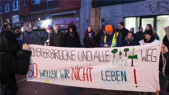 Dutzende Demonstranten protestieren gegen die Fällung von 37 Bäumen für den Neubau der Sternbrücke.