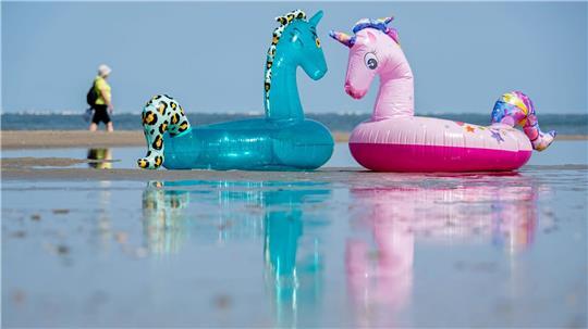 Echt heiß: Aufblasbare Schwimmtiere liegen bei schönstem Sommerwetter am Nordstrand der Insel Norderney.