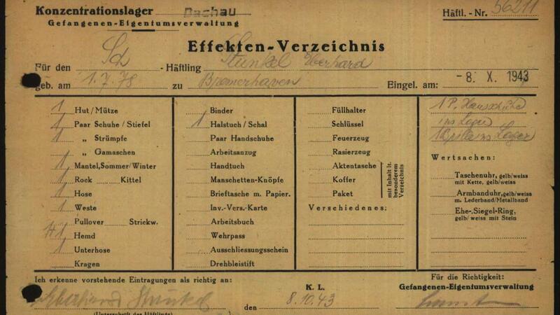Effekten-Verzeichnis von Eberhard Stunkel aus dem KZ Dachau.