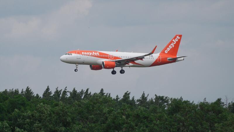 Ein Airbus A 320-214 landet hinter Bäumen auf dem BER-Flughafen.