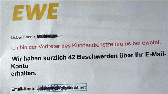 Ein Ausdruck der E-Mail, die ein Nordenhamer kürzlich von der EWE-Versorgungsgesellschaft erhielt. Das Logo wirkt auf den ersten Blick echt.