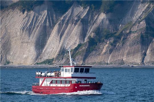 Ein Ausflugsschiff fährt bei sonnigem Wetter vom Hafen Sassnitz mit Touristen zu einem Abstecher zu den Kreidefelsen im Nationalpark Jasmund auf der Insel Rügen.