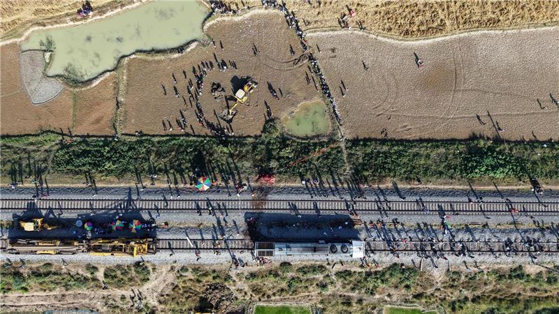 Ein Bagger hebt eine Grube aus, um den Kadaver eines Elefanten zu begraben, der bei der Kollision mit einem Zug ums Leben kam.