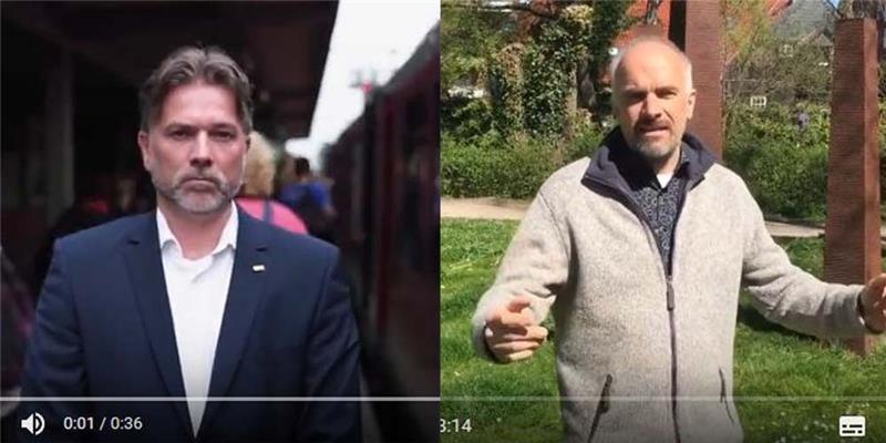 Ein Bildschirmfoto aus einem der ersten Videos im Netz von André Grote (FDP, links)), das 2017 produziert wurde. Michael Lemke (Grüne, rechts) im Interview mit einer Parteifreundin in einem Video, das am 19. April hochgeladen wurde.