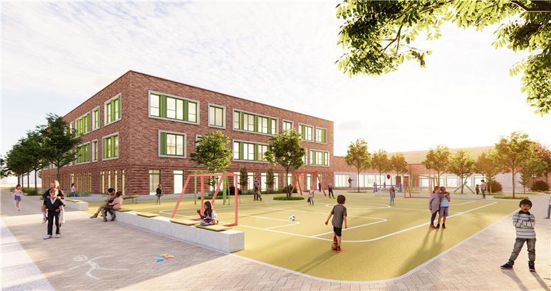 Ein Blick auf den zukünftigen Schulhof mit Fußballfeld.