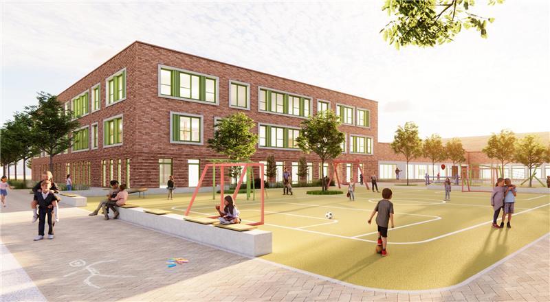 Ein Blick auf den zukünftigen Schulhof mit Fußballfeld.
