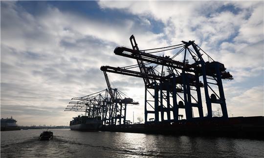 Ein Containerschiff liegt am Terminal Tollerort der Hamburger Hafen und Logistik AG (HHLA). Foto: Christian Charisius/dpa