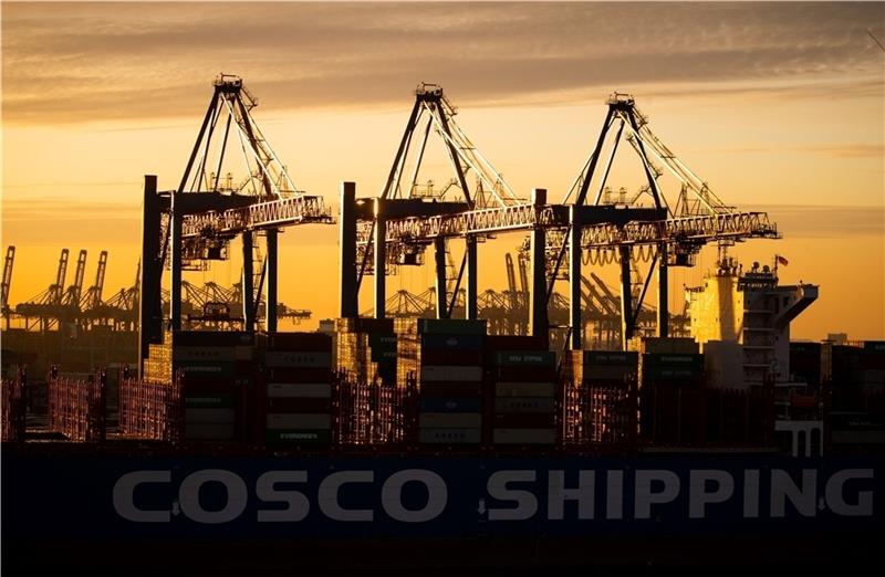 Ein Containerschiff wird am Containerterminal Tollerort der Hamburger Hafen und Logistik AG (HHLA) entladen. Foto: Charisius/dpa