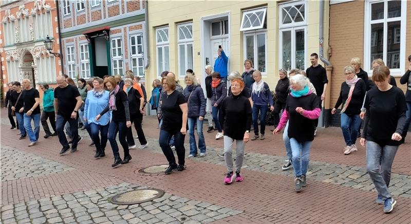 Flashmob: 40 Tänzer verblüffen Stader mit Choreografie in Innenstadt Ein Flashmob tanzt Linedance auf dem Fischmarkt vor dem Schwedenspeicher. Foto: Lohmann