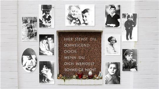 Ein Gedenkstein im Rosengarten nahe der Schule am Bullenhuser Damm in Hamburg erinnert an die 20 Kinder – unter ihnen (von oben Mitte im Uhrzeigersinn) Eduard und Alexander Hornemann (ermordet im Alter von 12 und 8 Jahren), Georges-André Kohn (12), Mania Altmann (7), Jacqueline Morgenstern (12), Walter Jungleib (12), Sergio de Simone (7), Roman Witonska (6), Riwka Herszberg (6), Marek James (6), Ruchla Zlyberberg (8) und Eduard Reichenbaum (10). Außerdem starben Bluma Mekler (11), Lea Klygerman (7), Eleonora Witonska (5), Lelka Birnbaum (12), Sara Goldinger (11), Marek Steinbaum (6), Roman Zeller (12) und H. Wassermann (8), ein jüdisches Mädchen aus Polen, von dem heute nicht mehr als das Alter bekannt ist. Foto: KZ-Gedenkstätte Neuengamme (11); Albert (1); Montage: Schnibbe