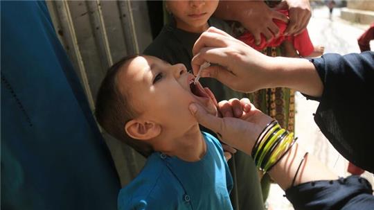 Ein Kind erhält eine Dosis Anti-Polio-Impfstoff: Polio ist eine ansteckende Infektionskrankheit, die vor allem bei Kleinkindern dauerhafte Lähmungen hervorrufen und zum Tod führen kann.