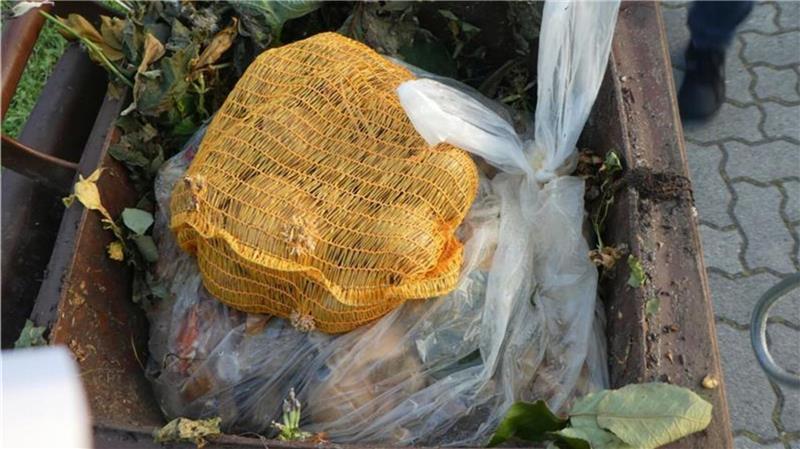 Ein Klassiker im Biomüll: das Kartoffelnetz, das dort nicht hinein gehört. Die Küchenabfälle im Plastikbeutel dagegen sind schon dreist.