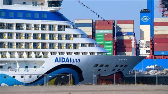 Ein Kreuzfahrtschiff liegt am Hamburger Kreuzfahrtterminal Steinwerder.
