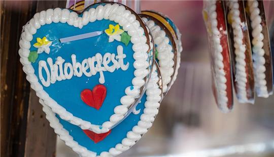 Ein Lebkuchenherz mit der Aufschrift "Oktoberfest" hängt in einem Geschäft für Lebkuchenherzen (Symbolbild). Foto: Peter Kneffel/dpa