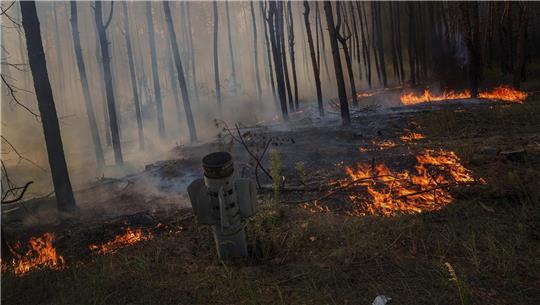 Ein MSLR-Raketenstab ist bei einem Waldbrand nach einem russischen Angriff in der Nähe von Slowjansk zu sehen.