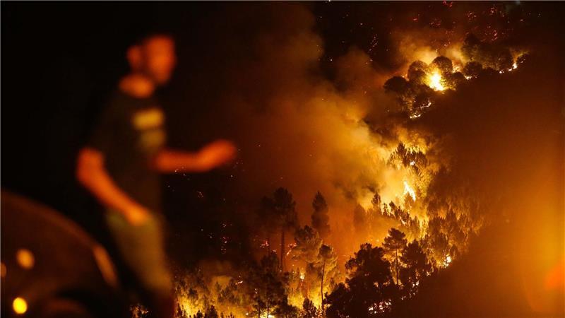 Bilder des Tages Ein Mann ist vor den Flammen eines Brandes im spanischen Quiroga zu sehen. In Galicien gibt es derzeit gleich mehrere Brände, bei denen bisher zehntausende Hektar an Wald- und Vegetationsfläche verbrannt sind.