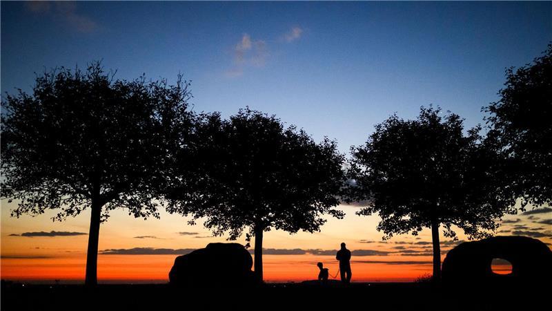 Ein Mann spaziert am frühen Morgen kurz vor Sonnenaufgang mit einem Hund über den Kronsberg.