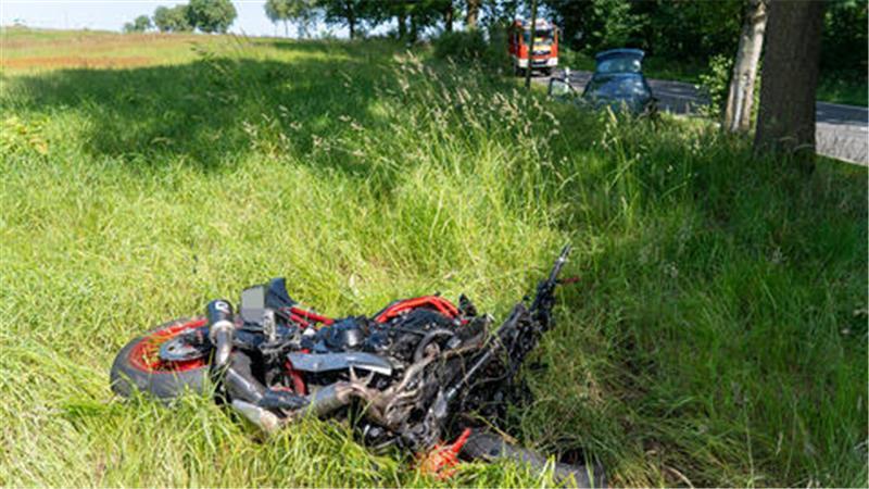 Ein Motorrad liegt auf einer Wiese neben der Straße.