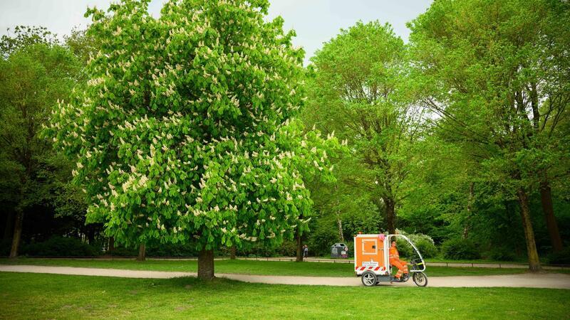 „Clean Schnacks“ für saubere Parks gestartet Ein Müllentsorgungsfahrzeug der Hamburger Stadtreinigung steht im Hamburger Stadtpark auf einer Wiese.