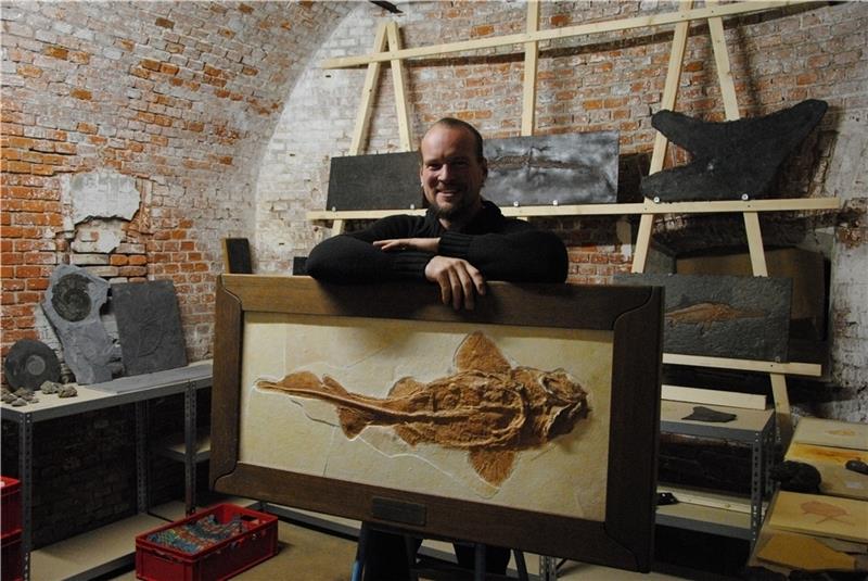 Ein Museum zieht um. Alexander Benn mit dem Abdruck eines Haifischs, der vor 150 Millionen Jahren lebte. Foto: Stief