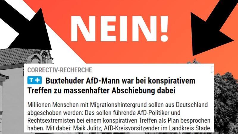 Ein Plakat, mit dem die Veranstalter zur Demo einladen, mit Verweis auf den TAGEBLATT-Artikel zur Teilnahme des AfD-Kreisvorsitzenden Maik Julitz an dem Potsdamer Treffen.