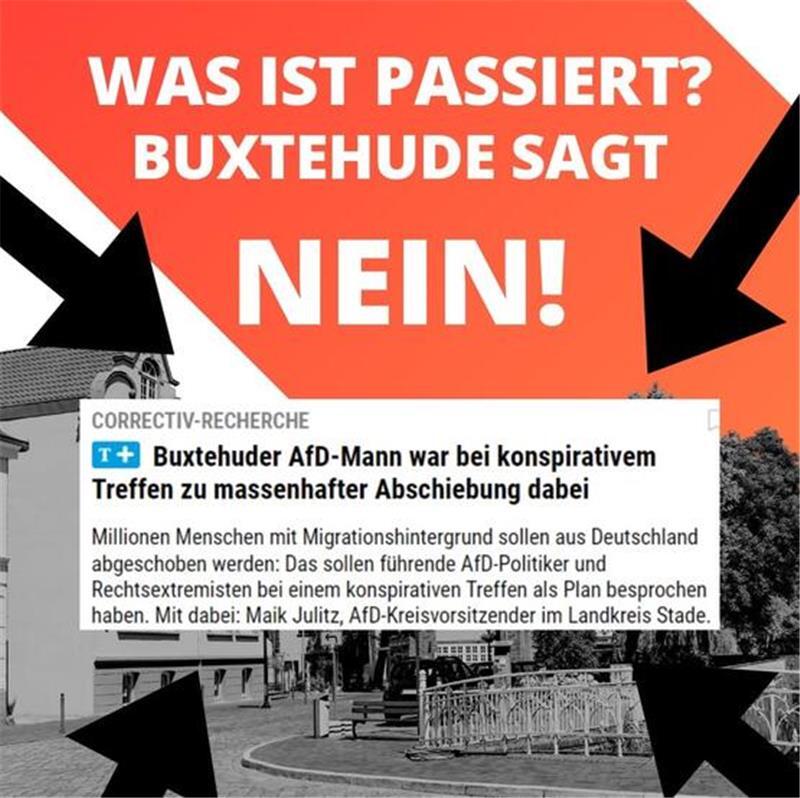 Ein Plakat, mit dem die Veranstalter zur Demo einladen, mit Verweis auf den TAGEBLATT-Artikel zur Teilnahme des AfD-Kreisvorsitzenden Maik Julitz an dem Potsdamer Treffen.