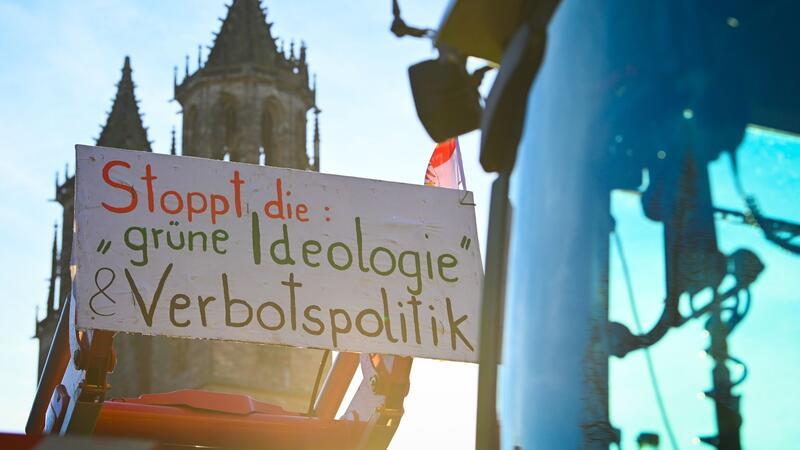 Ein Protestplakat bei einer Demonstration in Magdeburg Ende Januar: Untersuchungen zeigen, dass die Grünen in einigen Milieus der Gesellschaft stark polarisieren.