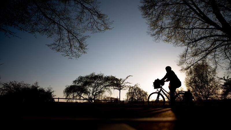 E-Bikes: ADFC schätzt Anteil auf über 20 Prozent Ein Radfahrer fährt kurz vor Sonnenuntergang auf einem Radweg an der Alster entlang.