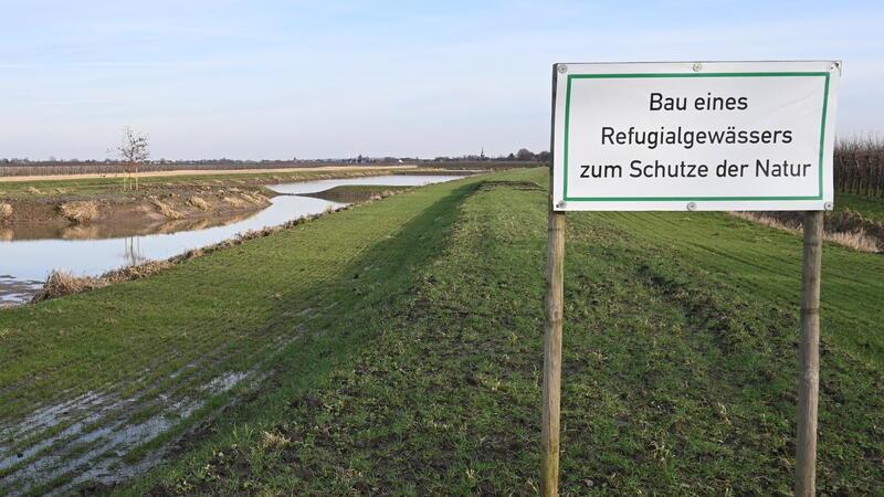 Ein Schild weist auf das neue Gewässer im Obstbaugebiet hin, im Hintergrund ist der Kirchturm von Steinkirchen zu sehen.