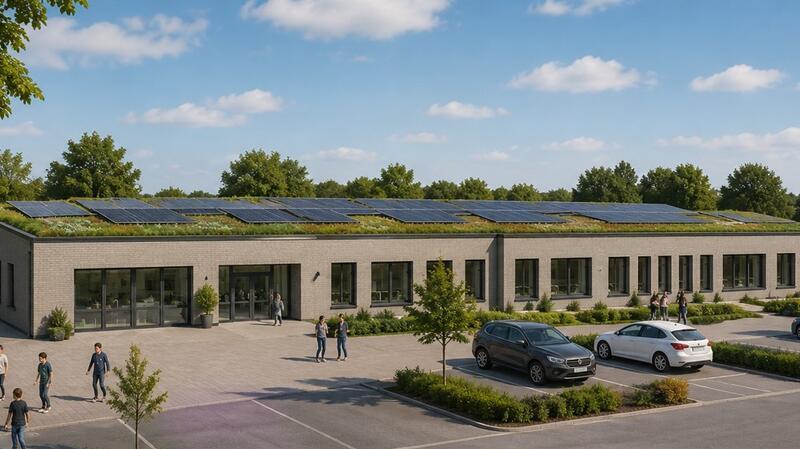 Ein Schulgebäude am Rande des Gewerbegebietes in Mittelsdorf: So könnte der Neubau für eine Schule der Stiftung Bethel im Norden aussehen.