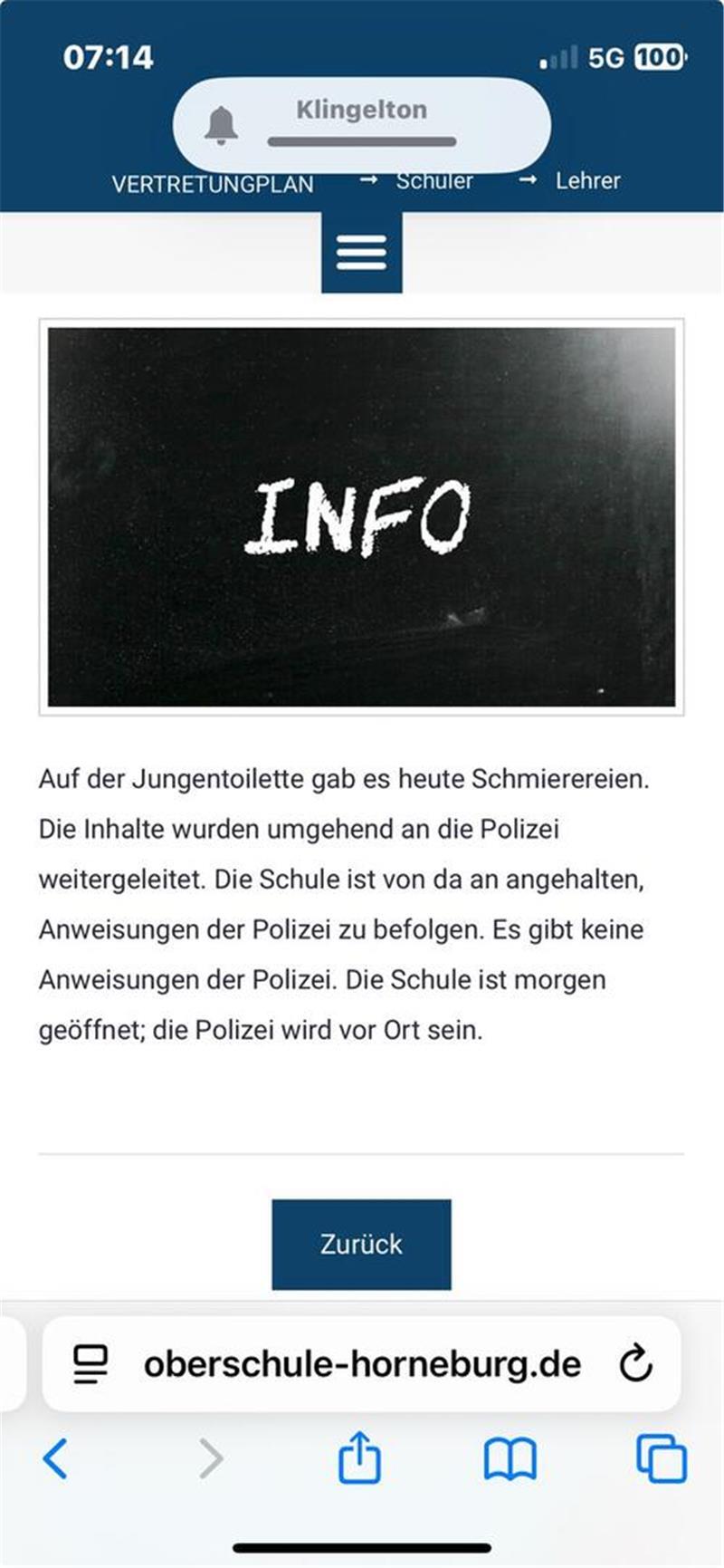 Amoklauf an Oberschule Horneburg angekündigt - Polizei sieht keine Gefahr Ein Screenshot zeigt die ursprüngliche Nachricht der Oberschule Horneburg. Mittlerweile wurde der Text auf der Homepage geändert.