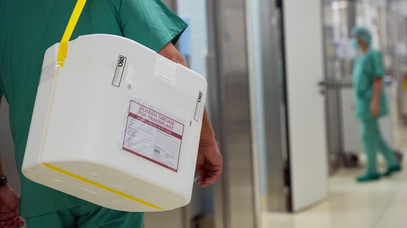 Neues Organspende-Register: Die wichtigsten Fragen und Antworten zum Start Ein Styropor-Behälter zum Transport von zur Transplantation vorgesehenen Organen wird an einem OP-Saal vorbeigetragen.