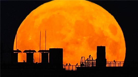 Ein Supermond geht über einem Wohnhaus auf.