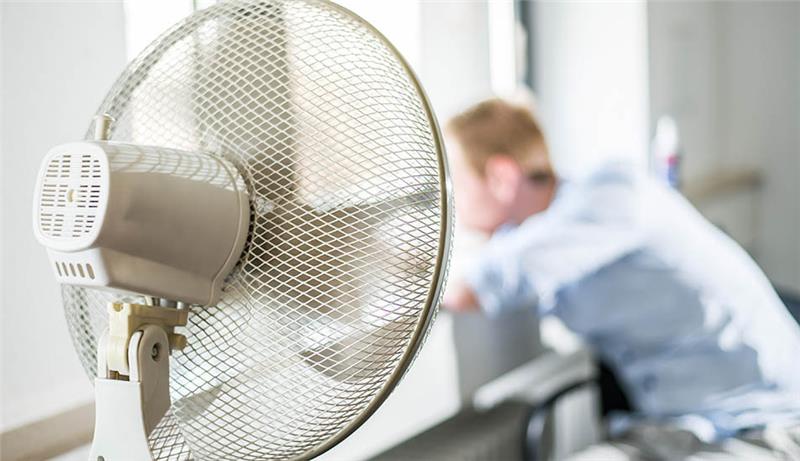 Vom Gießen am Morgen bis zum Drink am Abend: Tipps gegen Hitze Ein Ventilator im Büro sorgt für Abkühlung. Symbolfoto: dpa