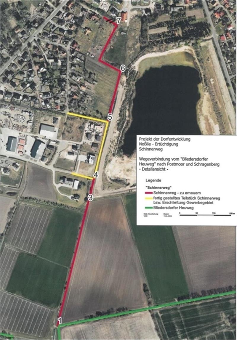 Historischer Schinnerweg wird erneuert Ein Wander- und Fahrradweg (rot) soll den Bliedersdorfer Heuweg (grün) über den bereits fertig gestellten Teil des Schinnerwegs (gelb) mit der Straße Am Sandberg in Postmoor verbinden.