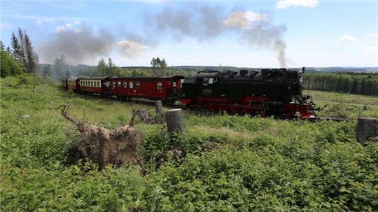 Ein Zug der Harzer Schmalspurbahn HSB, fährt in über Schierke zum Brocken.