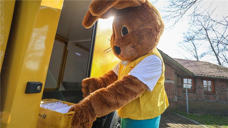 Ein als Hanni Hase verkleideter Mann holt Briefe für das Osterpostamt in Ostereistedt ab. (zu dpa: ««Hanni Hase» beantwortet wieder Kinderbriefe»)