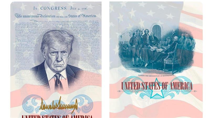 Ein limitierter US-Gedenkpass mit einem Bild von US-Präsident Trump wird vom Außenministerium präsentiert.