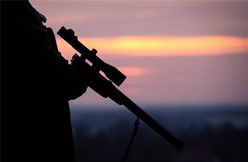 Entlaufenes Galloway-Rind nach rund einem Monat erschossen Ein Jäger hält sein Gewehr in der Abenddämmerung (Symbolbild). Foto: Friso Gentsch/dpa