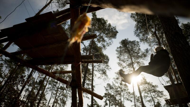 Protestcamp gegen Tesla darf vorerst bleiben Eine Aktivistin seilt sich von einem Hochsitz ab.