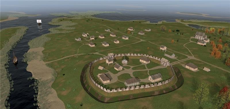 Eine Animation im neuen Buch des Archäologischen Museums zeigt, wie Hamburgs Keimzelle, die Hammaburg, in etwa ausgesehen hat. Visualisierung: Archäologisches Museum