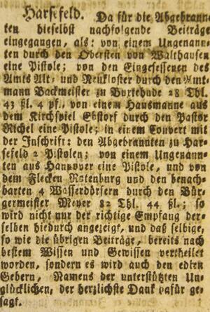 Eine Anzeige in der „Hannöverschen Anzeigen" von 1799 gibt die Spenden für die Abgebrannten bekannt.