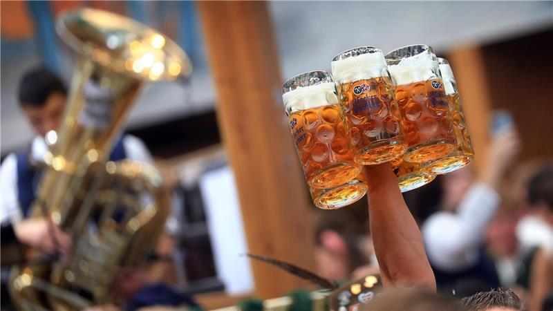 Eine Bedienung trägt im Hacker-Pschorr-Festzelt auf dem Oktoberfest mehrere Maßkrüge. 