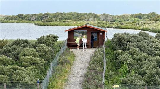 Eine Beobachtungshütte im Vogelschutzgebiet Südstrandpolder an der Südseite der ostfriesischen Insel Norderney.